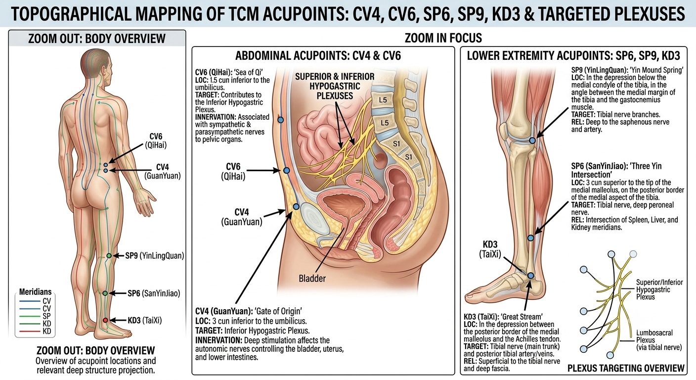 Topographical Mapping of TCM acupoints cv4, cv6, sp6, sp9, kd3
