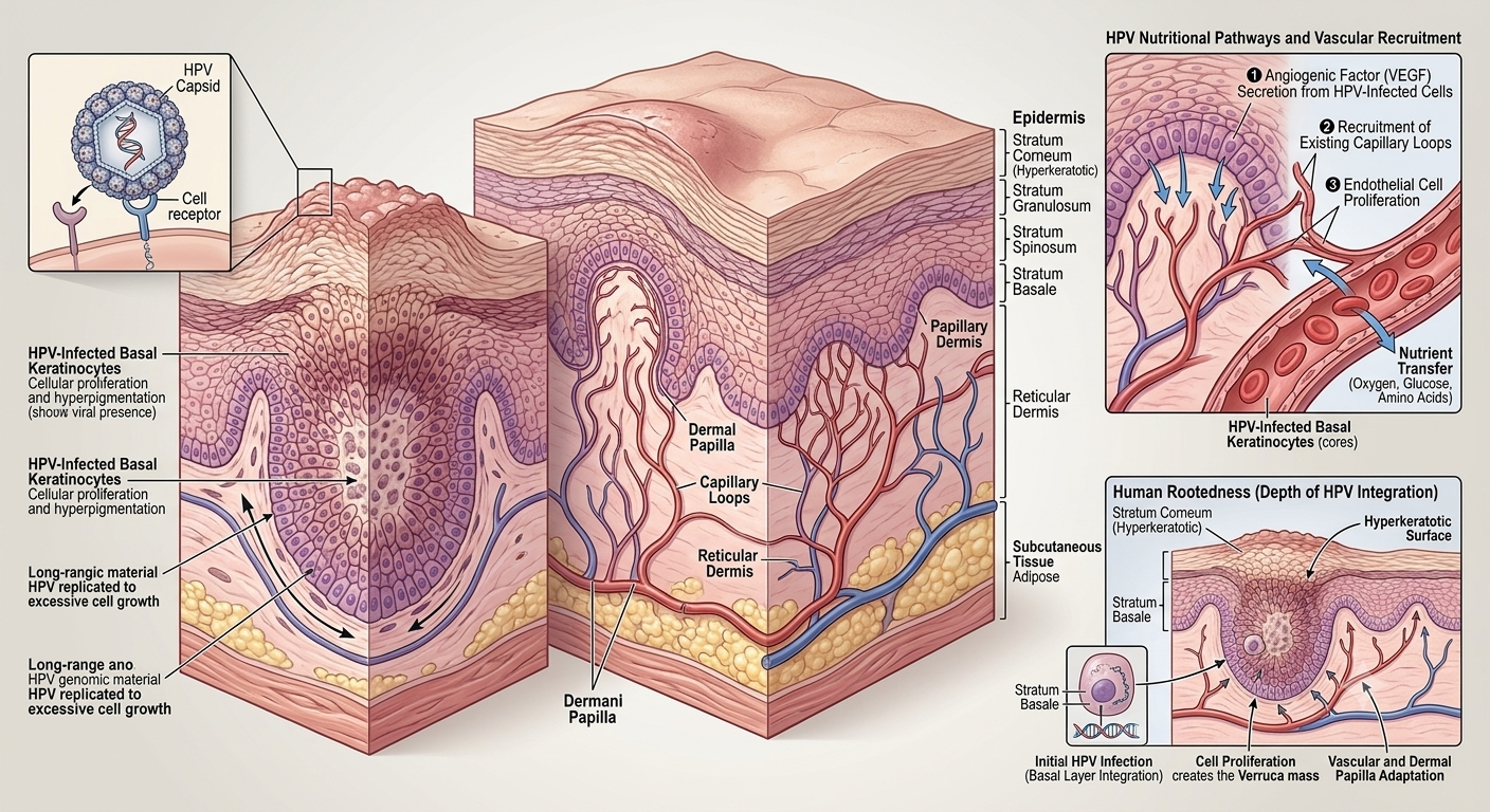 Anatomical and Pathophysiological Model of Human Papillomavirus (HPV) Infection: Epidermal Hyperplasia, Dermal Vascularization, and Nutrient Recruitment in Verruca Vulgaris